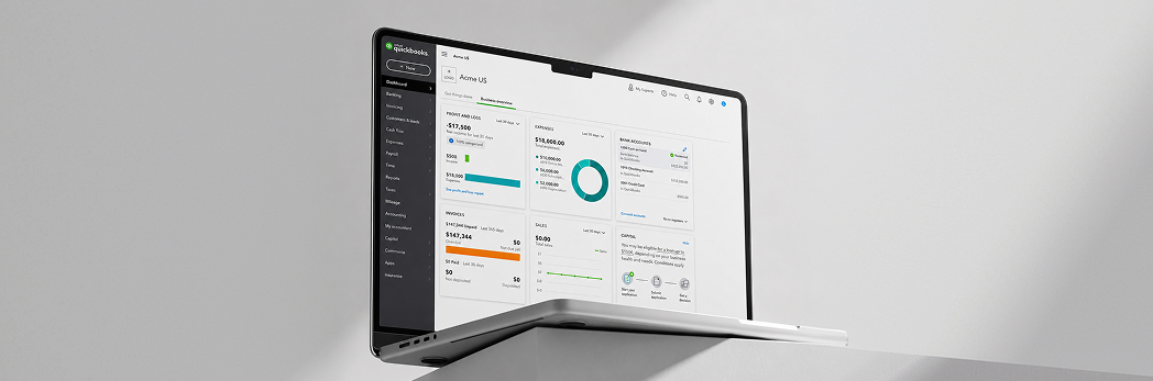 Laptop showing a QuickBooks dashboard